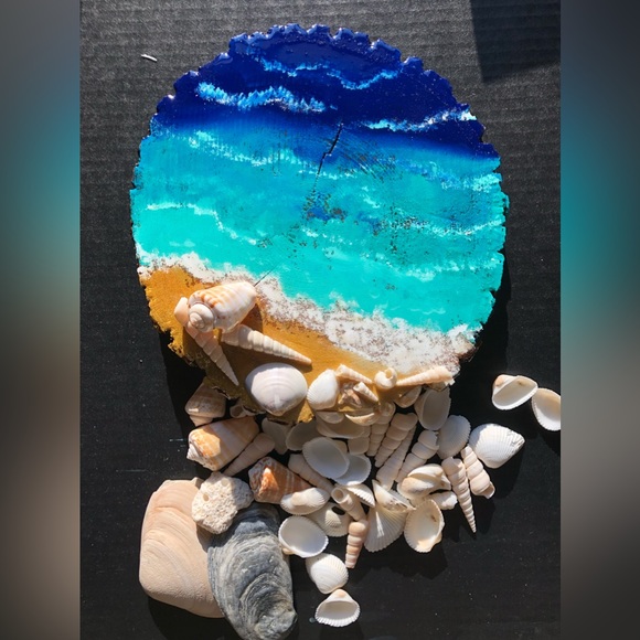Beach Acrylic Artwork on Wood Slice - Picture 4 of 9